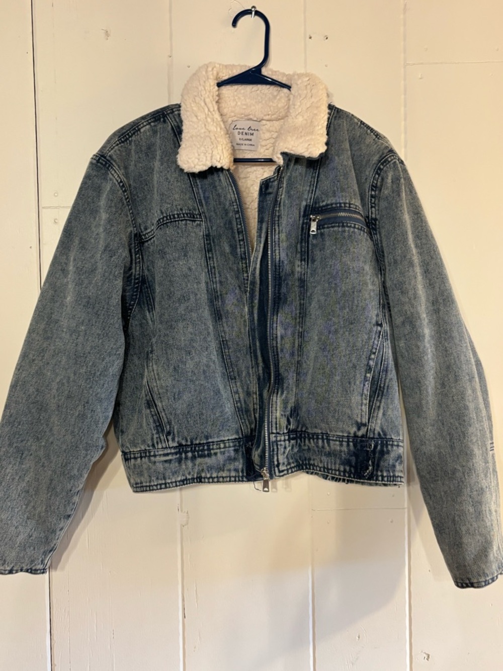 Love Tree Washed Blue Denim Jacket with Cream Sherpa Lining